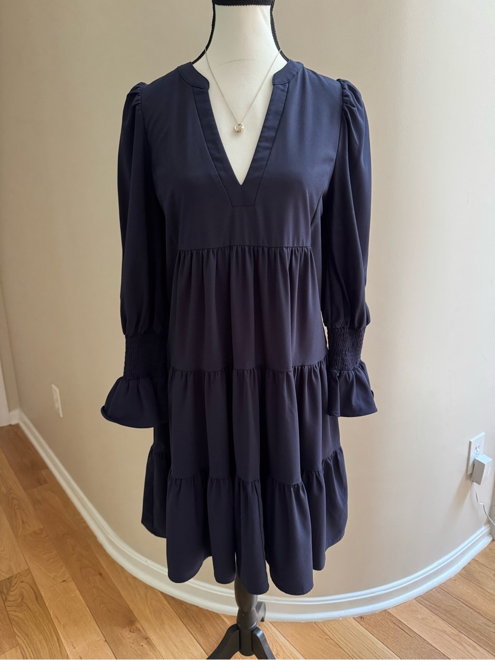 Pomander Place for Tuckernuck Navy Tiered V-Neck Midi Dress, Size S